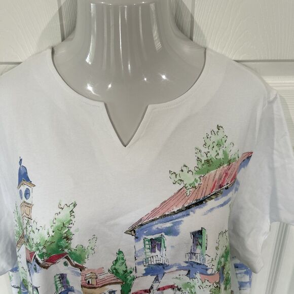 Alfred Dunner Plus Size 3X White Cafe Scenic T-Shirt Short Sleeve Rhinestone - Picture 4 of 10